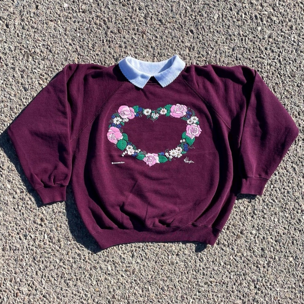 Floral Heart Morning Sun Vtg 1980s Hanes Collared Sweatshirt Women’s (L 42-44)